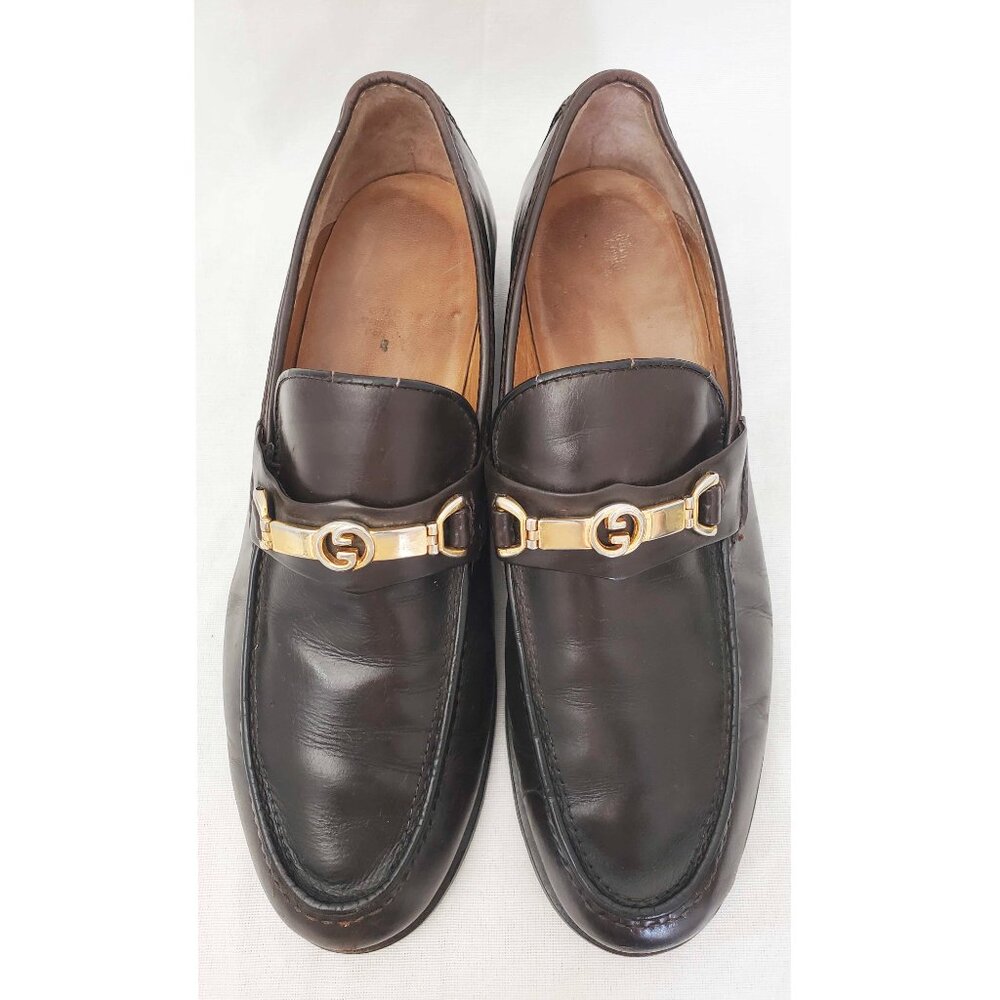 Vintage Gucci Men's Dark Brown Leather Loafers Shoes with Gold GG Buckle 42.5 - Picture 2 of 12